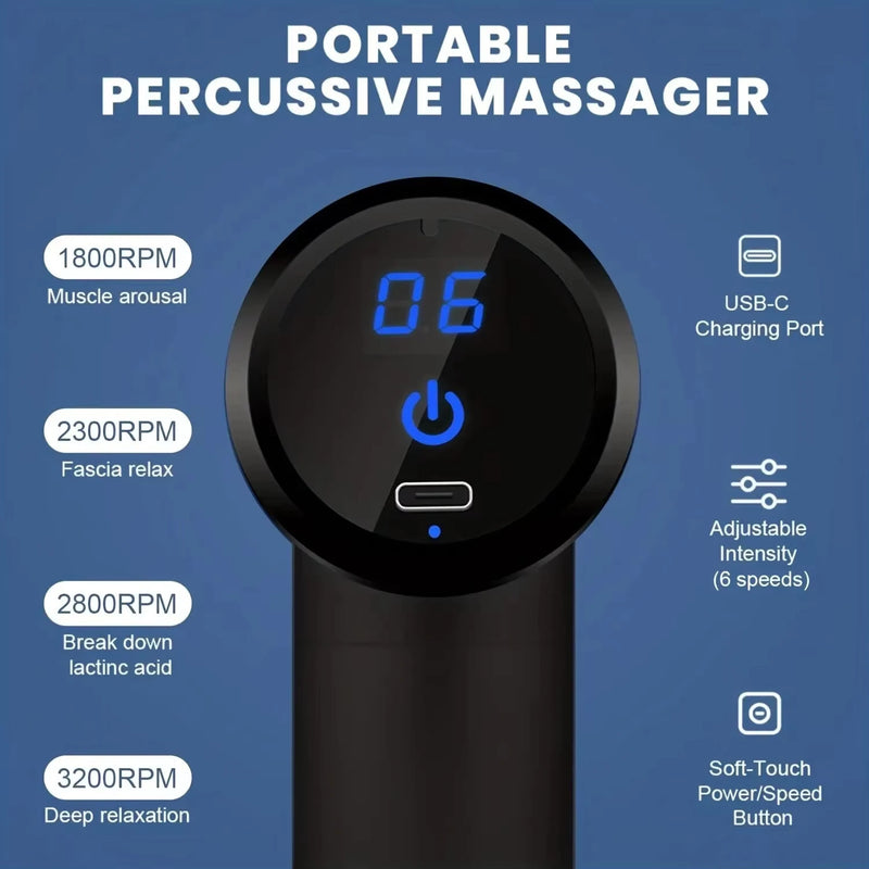 Massageador Muscular Portátil — Toque LED, 4 Cabeças e Alívio Corporal Profundo.