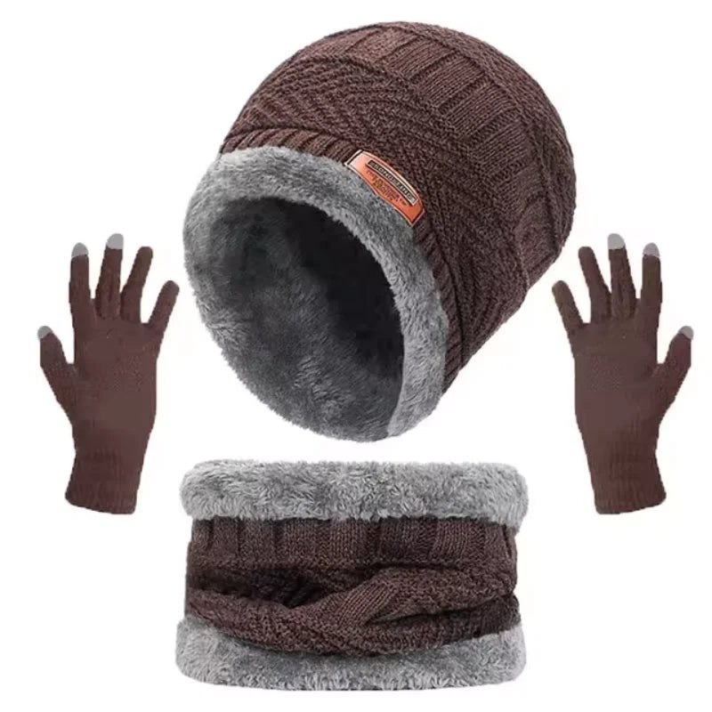 2 peças + 1 par Conjunto de Inverno Quente com Veludo: Gorro, Cachecol e Luvas — Toucas de Inverno Tricotadas para Homens e Mulheres, Gorro com Veludo, Cachecol de Lã Coral, Ideal para Atividades ao Ar Livre.