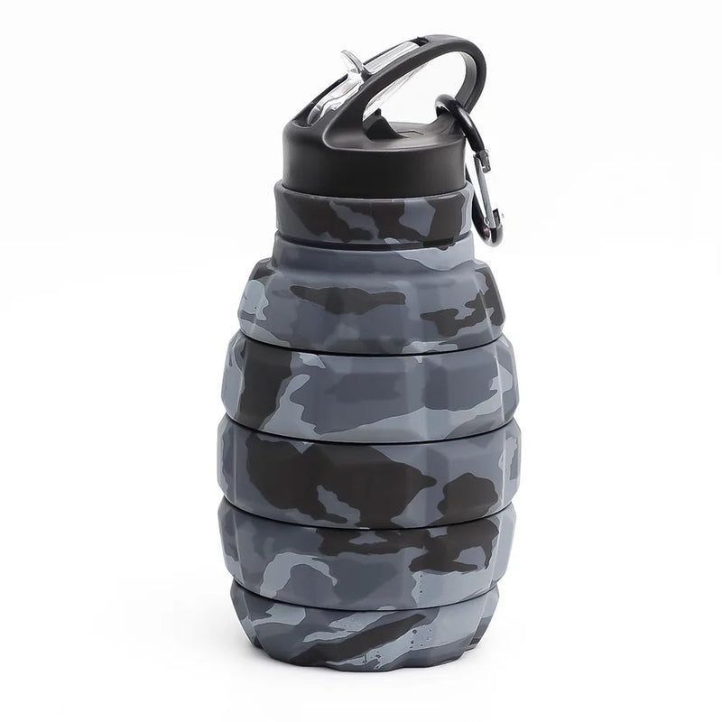 Garrafa de Água Retrátil de Silicone em Formato de Granada – 580ML, Esportiva, Dobrável, Camuflada, Copo de Viagem Colapsável