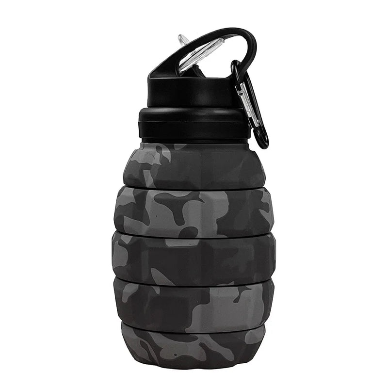 Garrafa de Água Retrátil de Silicone em Formato de Granada – 580ML, Esportiva, Dobrável, Camuflada, Copo de Viagem Colapsável