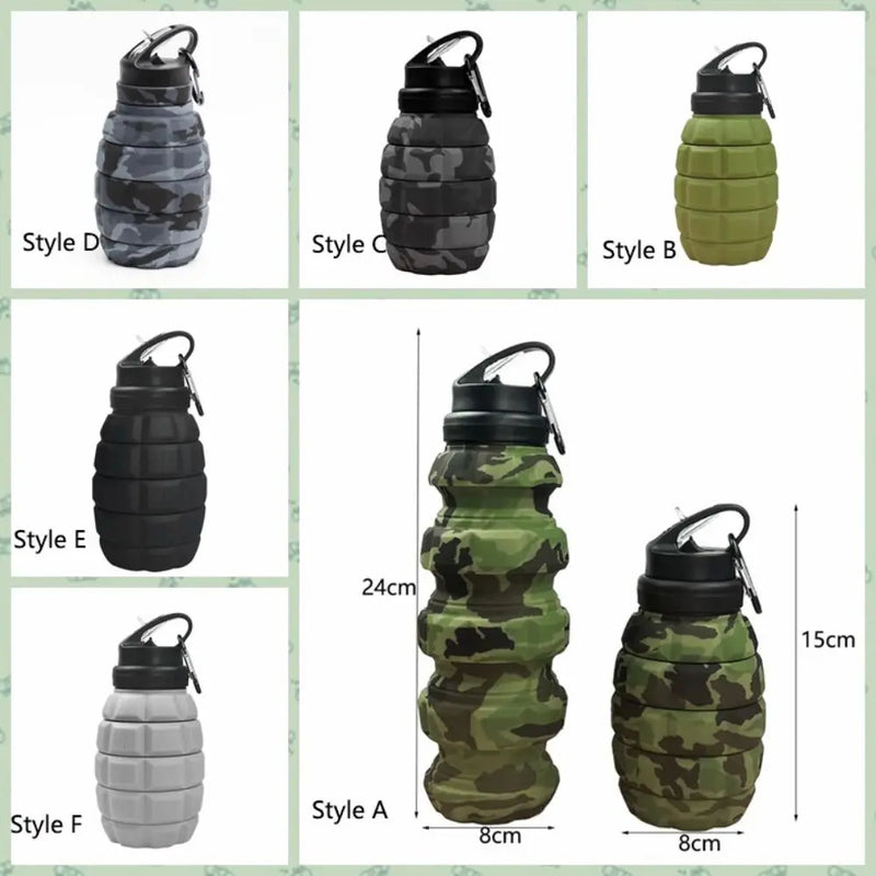 Garrafa de Água Retrátil de Silicone em Formato de Granada – 580ML, Esportiva, Dobrável, Camuflada, Copo de Viagem Colapsável