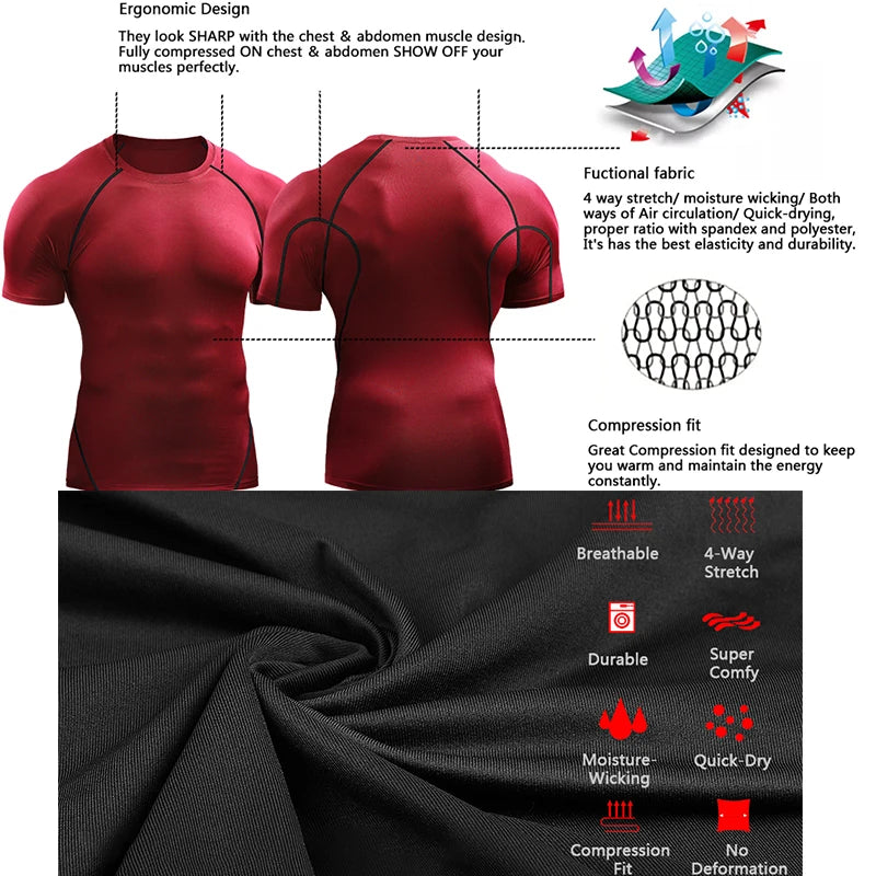 Camiseta Compressão Masculina 2025 – Esportiva de Verão para Corrida e Academia | Roupas de Secagem Rápida e Tecido Elástico