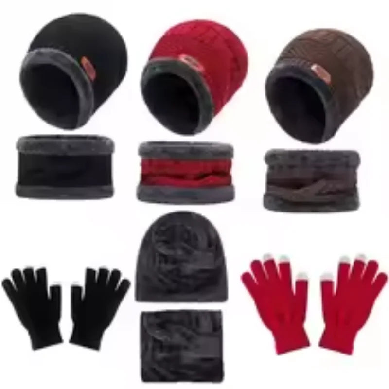 2 peças + 1 par Conjunto de Inverno Quente com Veludo: Gorro, Cachecol e Luvas — Toucas de Inverno Tricotadas para Homens e Mulheres, Gorro com Veludo, Cachecol de Lã Coral, Ideal para Atividades ao Ar Livre.