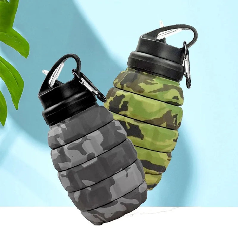 Garrafa de Água Retrátil de Silicone em Formato de Granada – 580ML, Esportiva, Dobrável, Camuflada, Copo de Viagem Colapsável