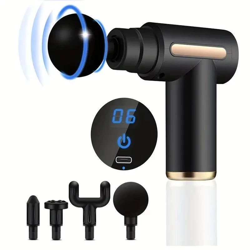 Massageador Muscular Portátil — Toque LED, 4 Cabeças e Alívio Corporal Profundo.