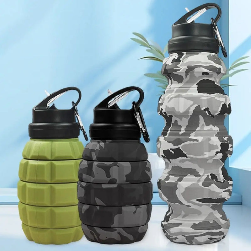 Garrafa de Água Retrátil de Silicone em Formato de Granada – 580ML, Esportiva, Dobrável, Camuflada, Copo de Viagem Colapsável