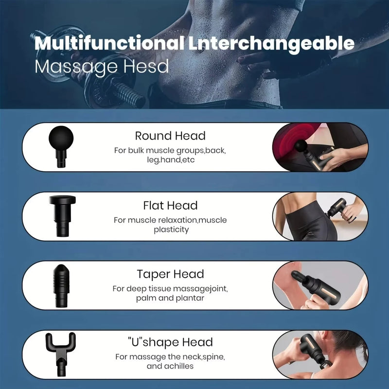 Massageador Muscular Portátil — Toque LED, 4 Cabeças e Alívio Corporal Profundo.