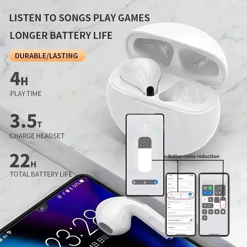Fone de Ouvido Original Pro 6 TWS Bluetooth Sem Fio com Microfone - Mini Fones Intra-Auriculares Esportivos para Celulares (cópia)