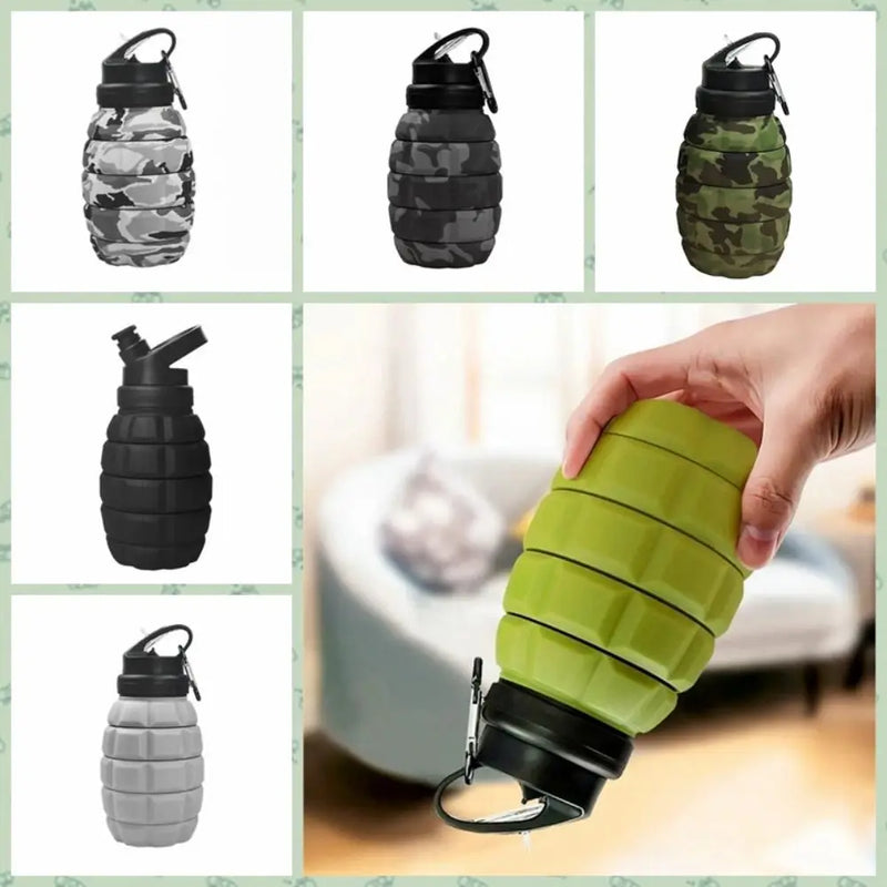 Garrafa de Água Retrátil de Silicone em Formato de Granada – 580ML, Esportiva, Dobrável, Camuflada, Copo de Viagem Colapsável