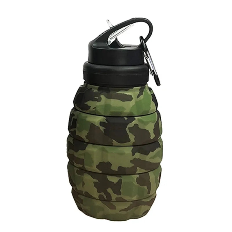 Garrafa de Água Retrátil de Silicone em Formato de Granada – 580ML, Esportiva, Dobrável, Camuflada, Copo de Viagem Colapsável