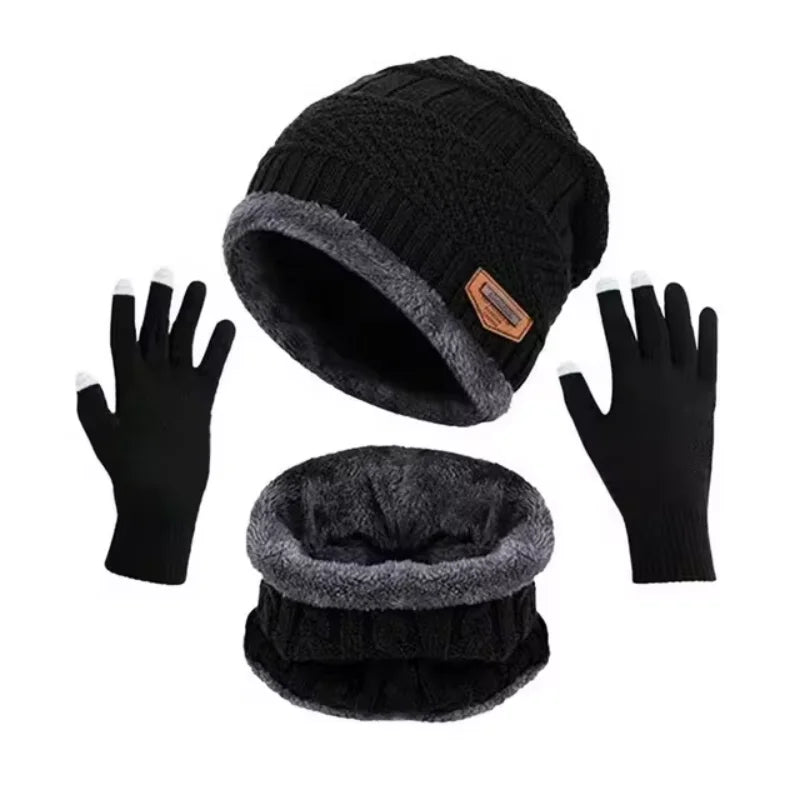 2 peças + 1 par Conjunto de Inverno Quente com Veludo: Gorro, Cachecol e Luvas — Toucas de Inverno Tricotadas para Homens e Mulheres, Gorro com Veludo, Cachecol de Lã Coral, Ideal para Atividades ao Ar Livre.