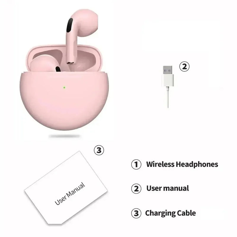 Fone de Ouvido Original Pro 6 TWS Bluetooth Sem Fio com Microfone - Mini Fones Intra-Auriculares Esportivos para Celulares (cópia)