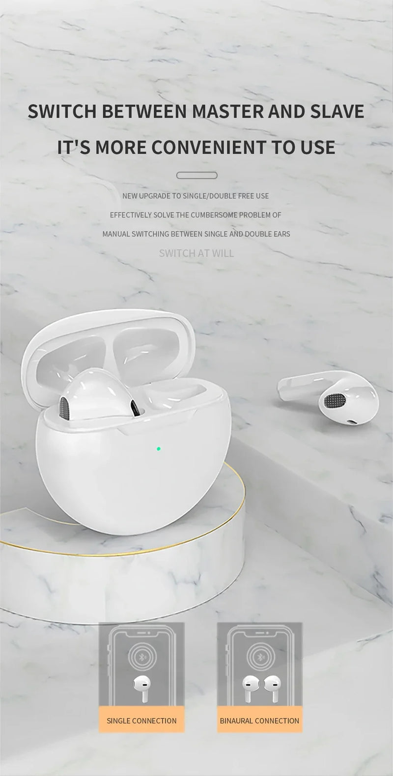 Fone de Ouvido Original Pro 6 TWS Bluetooth Sem Fio com Microfone - Mini Fones Intra-Auriculares Esportivos para Celulares (cópia)