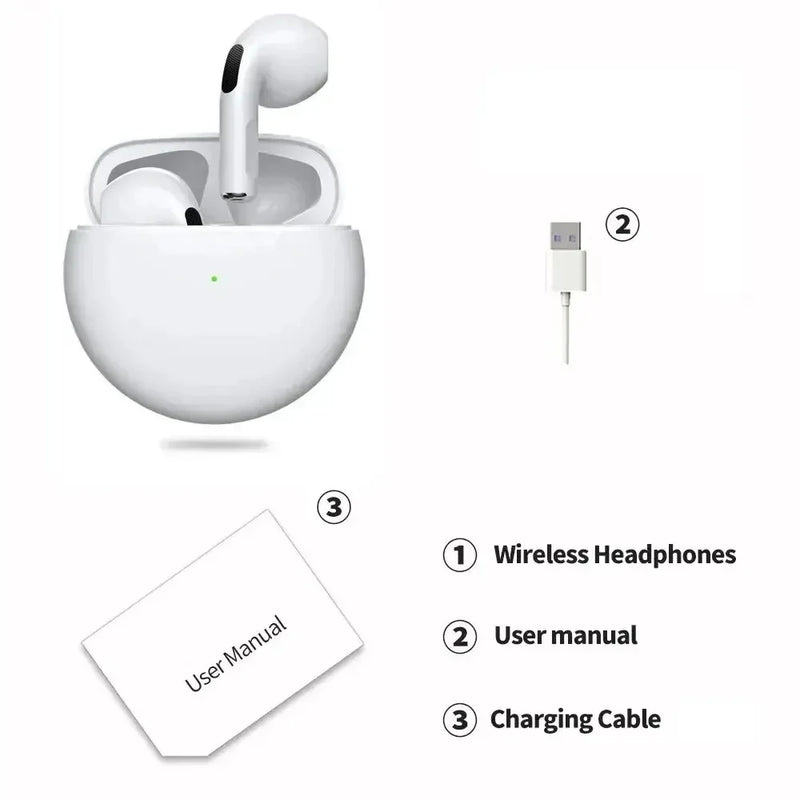 Fone de Ouvido Original Pro 6 TWS Bluetooth Sem Fio com Microfone - Mini Fones Intra-Auriculares Esportivos para Celulares (cópia)