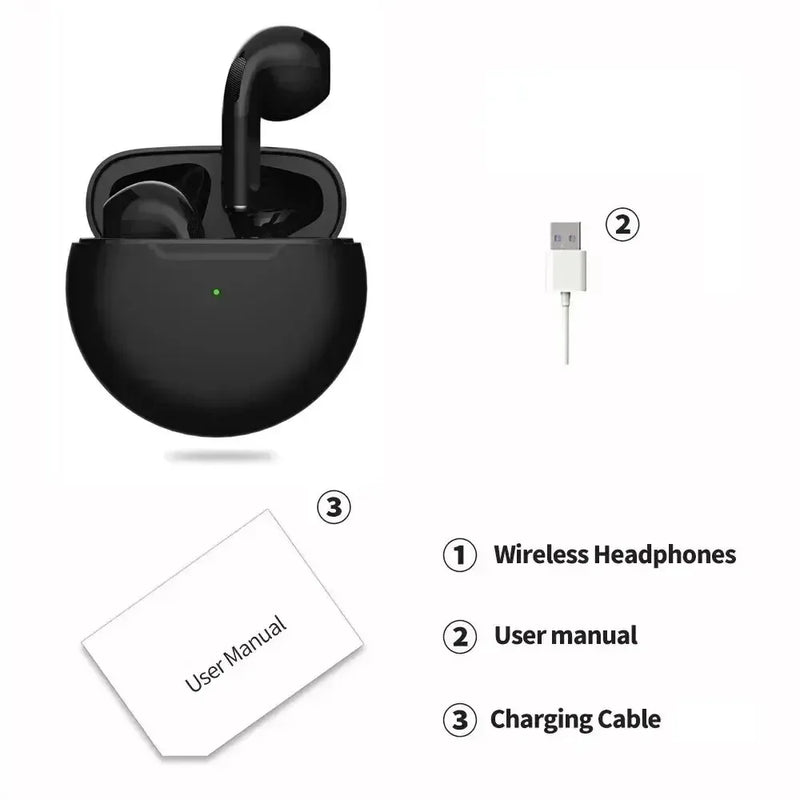 Fone de Ouvido Original Pro 6 TWS Bluetooth Sem Fio com Microfone - Mini Fones Intra-Auriculares Esportivos para Celulares (cópia)